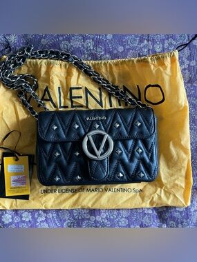 Valentino by Mario Valentino Black Leather Poisson Studs Shoulder Bag